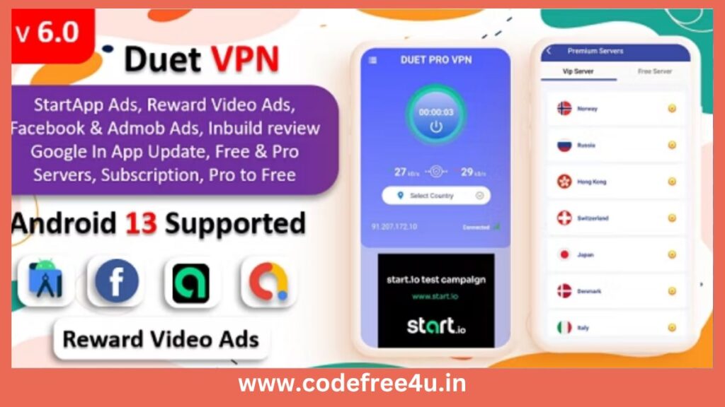Duet Pro VPN App Secure VPN App & Fast VPN Subscription StartApp Ads Facebook & Admob Ads